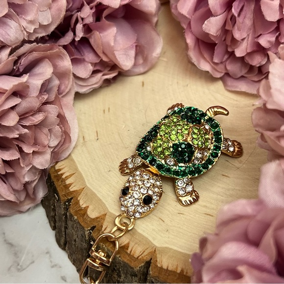 Green and Silver Crystal Turtle Keychain Charm - Picture 11 of 16